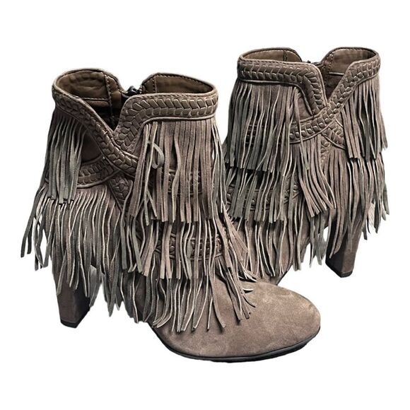 Women’s SAM EDELMAN Kaleb Taupe HEELED FRINGE Bootie Size 8 - Picture 6 of 9